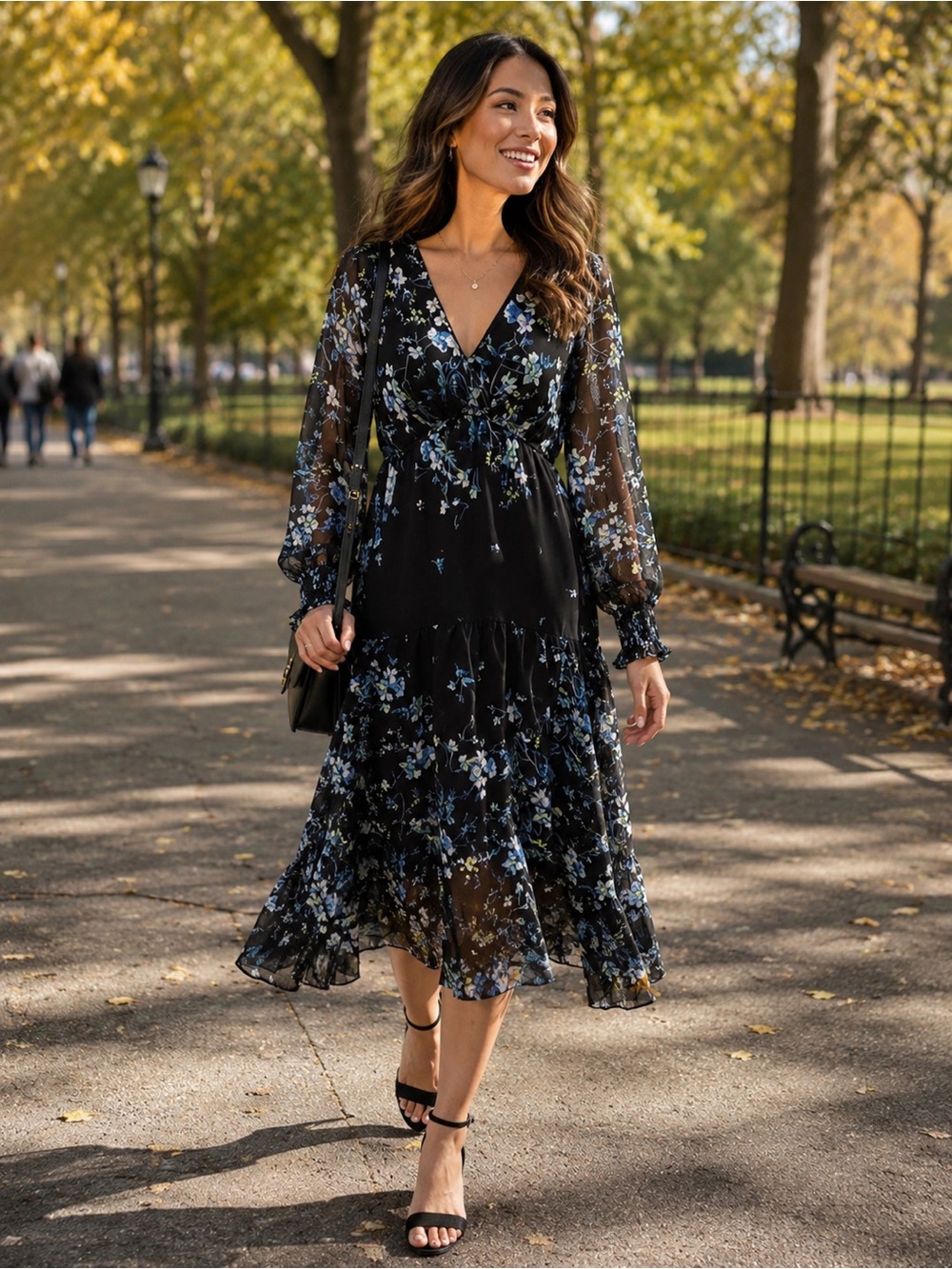 Taylor Petite Floral Print Ruffled-Hem Midi Dress Black Blue